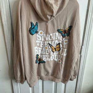 SHEIN Beige Hoodie with Butterfly & Daisy Graphic